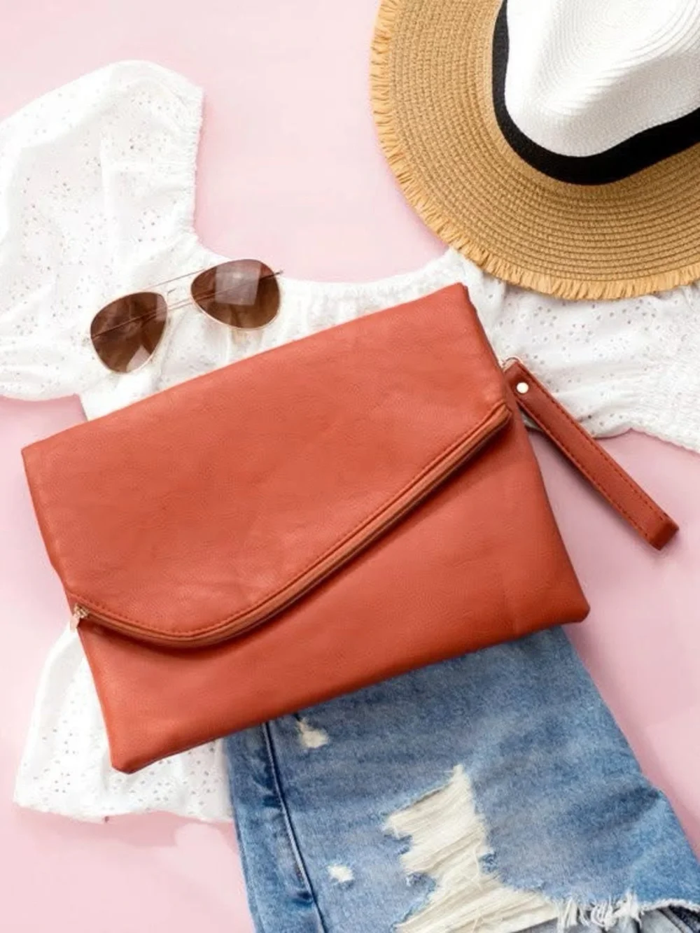 Women's Foldover Clutch Bag in Rust Orange - Sleek Envelope Style